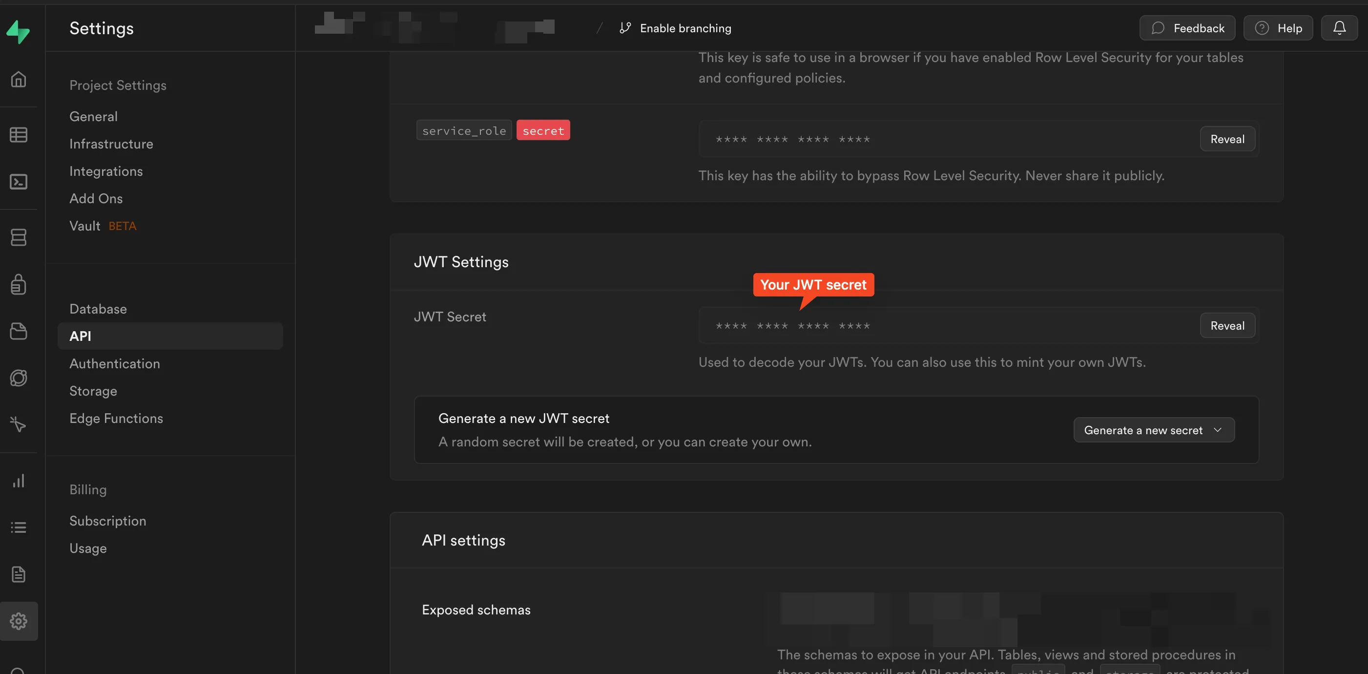 Supabase Project Settings