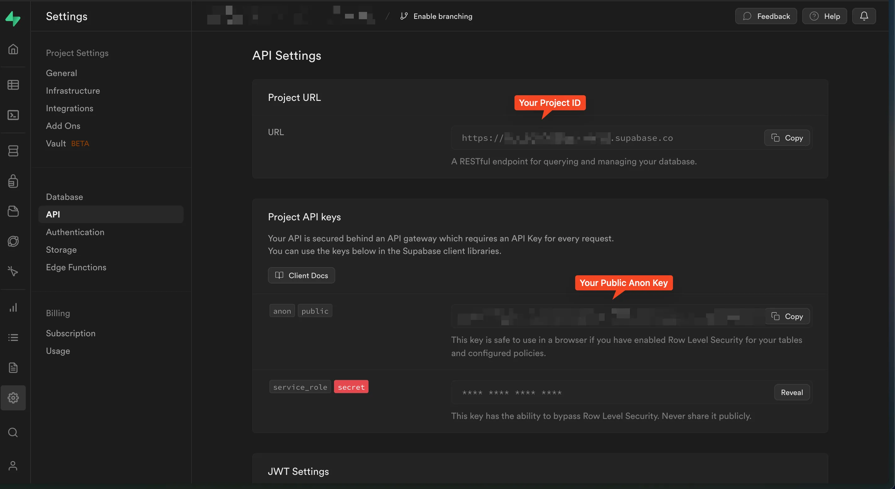 Supabase Project Settings
